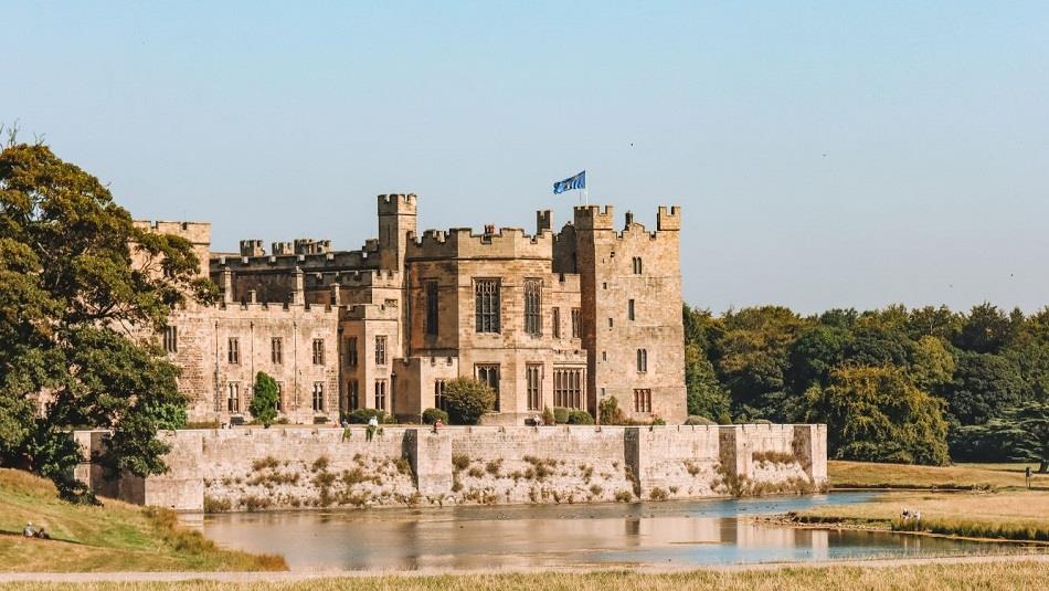 Raby Castle with lake, blue skies