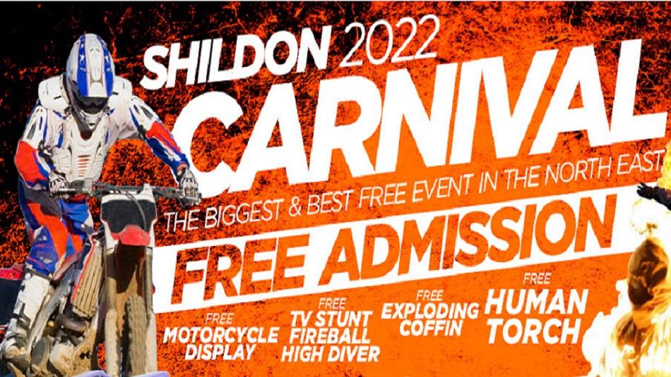 Shildon Carnival - Image shows motorcycle and people doing dangerous stunts against a background of fire.