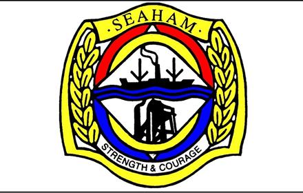 Emblem with the wording Seaham, Strength & Courage.  With colours yellow, blue and red.