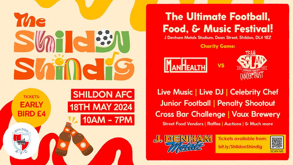 The Shildon Shindig - 18th May 2024. Graphic illustrations of beer, football and musical notes.