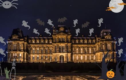 Spooky image of The Bowes Museum at night surrounded by illustrations of ghosts.