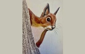 Painting of a red squirrel looking out from behind a tree