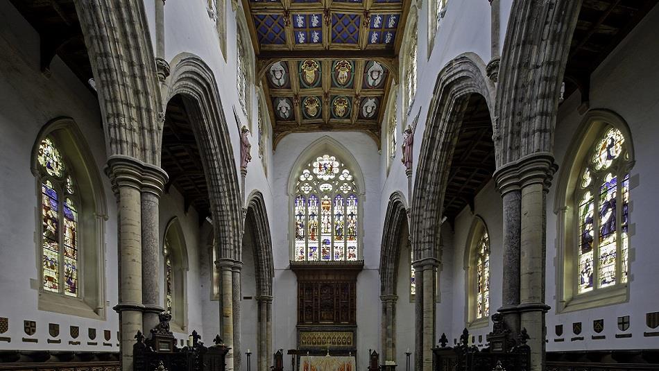 St Peter's Chapel at Auckland Castle, decorative ceiling, pillars and stained glass window