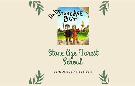 Cartoon image of a boy and girl with the wording Stone Age Forest School.