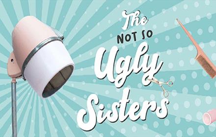 Text reading 'Not So Ugly Sisters' on a blue striped background with images of hairdryers, combs and rollers.
