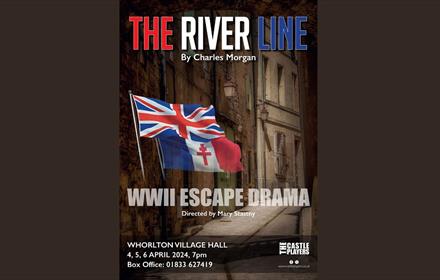 Poster with wording The River Line written in red, white and blue.  Union Jack Flag and French Resistance Flag.