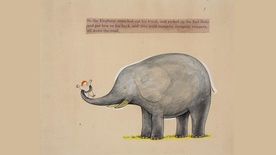 Drawing of an elephant holding a baby in its trunk.