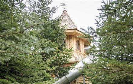Wooden tower and slide through the trees.