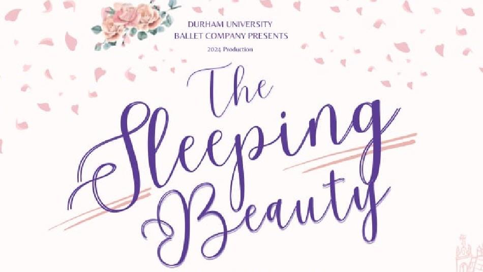 The Sleeping Beauty in purple text. Rose graphic with falling rose petals