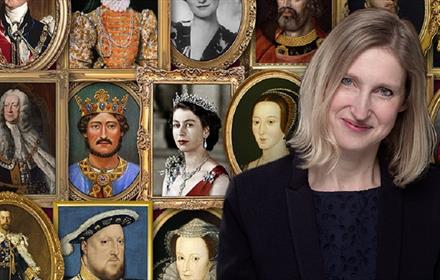 Tracy Borman in front of a background of kings and queens.