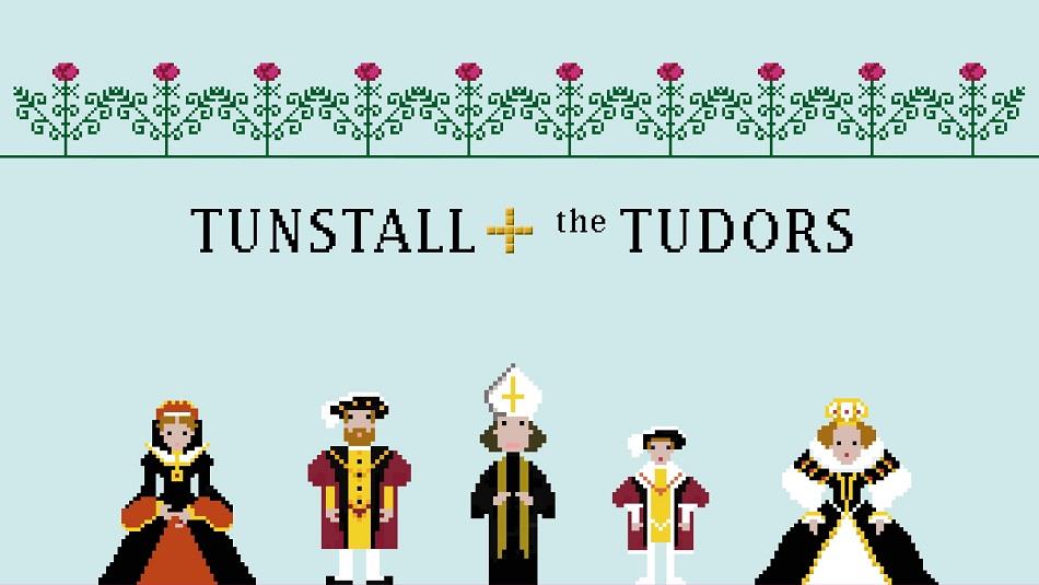 Illustration of Bishop Cuthbert Tunstall surrounded by the Tudor monarchs, Henry VIII, Edward VI, Mary I and Elizabeth I