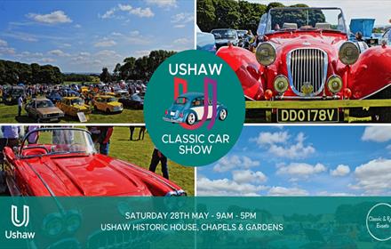 Ushaw Classic Car Show. Images of classic cars lined up in the grounds of Ushaw Historic House on a sunny day.