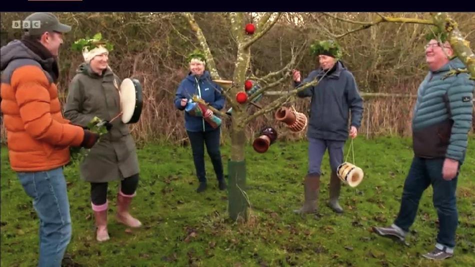 Image of Jenny leading a Twelfth Night Morning Orchard Wassail for a BBC Team.