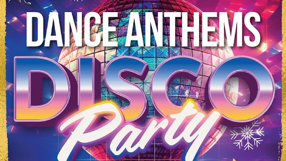 Dance Anthems Disco Party poster with discoball background.
Dance Anthems Disco Party poster with discoball background.