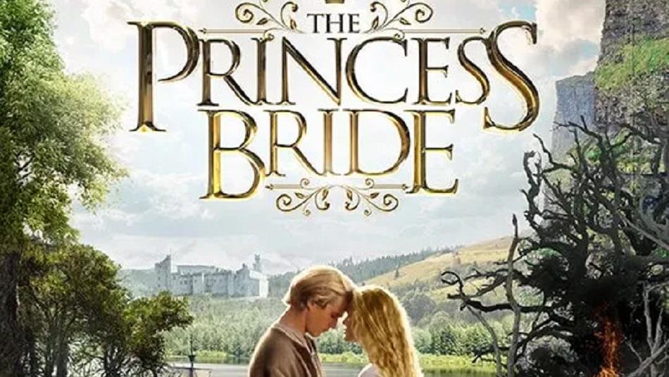 Princess Bride: Couple romantically embracing in front of rolling hills and a castle.