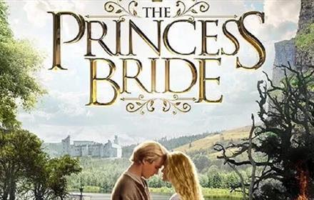 Princess Bride: Couple romantically embracing in front of rolling hills and a castle.