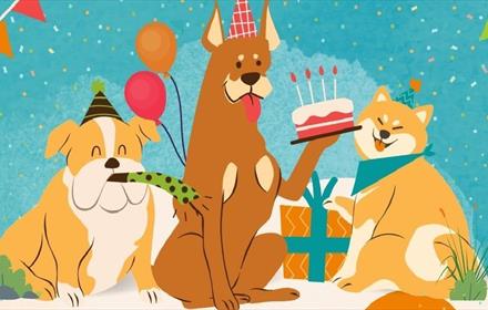 Illustration of three dogs with balloons, party whistles and presents enjoying cake.