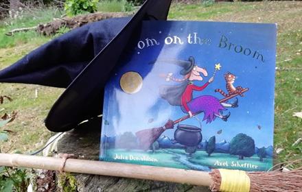 Room on the Broom book with witches hat and broom.