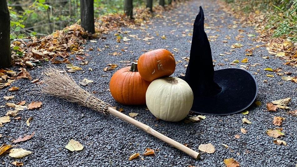 Pumpkins, a witch's hat and a broomstick at High Force.
