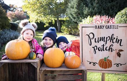 Children next to pumpkins at Raby Castle.