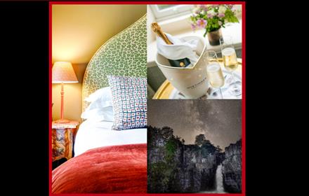 Stargazing photo credit Gary Lintern. Image of High Force on a starry night. Other images are of champagne, flowers and High Force Hotel's bedrooms.