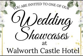 A border of white flowers and vines around text which reads, 'Wedding Showcases at Walworth Castle Hotel'.