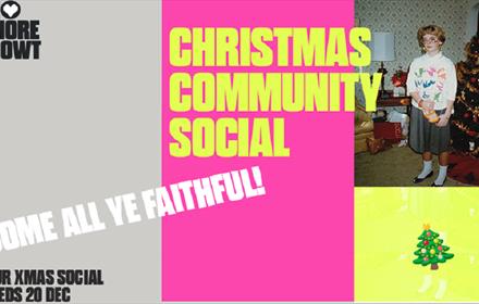 Text reads, 'Christmas Community Social, Come All ye Faithful, Our Xmas Social Weds 20 Dec'. A woman stands in front of a Christmas tree decorated wit