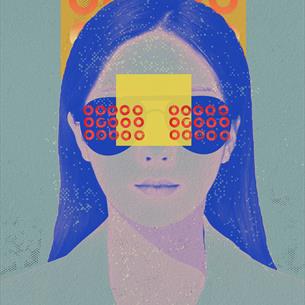 Image of a woman's face with blue glasses and hair and a yellow square in front of the face.
