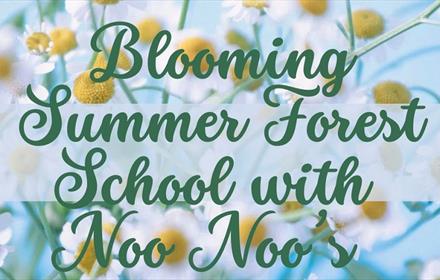 Blooming Summer Forest School with Noo Noo's written in green with a daisy flowers in background.