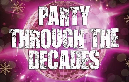 Image of a disco ball surrounded by snow flakes, text reads, 'Party through the Decades'.
