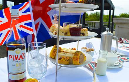 Afternoon Tea at Seaham Hall with Pimms bottle and union jack flags