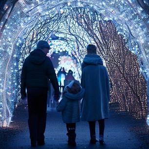 Family walking through tunnel of lights