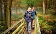Two people walking over bridge at Hamsterley Forest