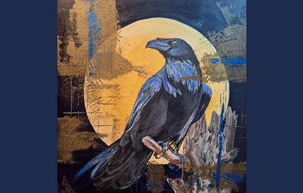 Image by Sandra Flanagan. A Black Bird sitting on a branch in front of a large moon.
