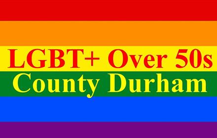 Text reads, 'LGBT+ Over50s County Durham' against a background of Pride colours.
