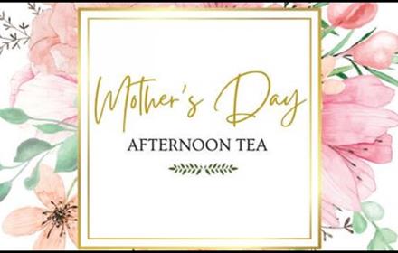 Text reads 'Mother's Day Afternoon Tea' with  a border of pink and green flowers around it.