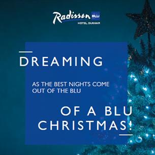 Poster of event coloured blue, with a lit Christmas Tree and name of event