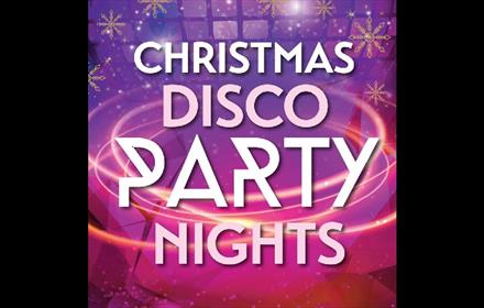 Text reads, 'Christmas Disco Party Nights' surrounded by images of snowflakes and disco lights.