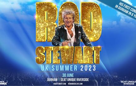 Promotional poster for Rod Stewart Global Hits Tour at Durham Cricket Seat Unique Riverside.
