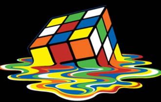 Image of a retro 80s rubix cube melting into a sea of colours.