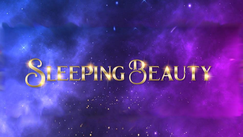 The words 'Sleeping Beauty' in gold twinkling letters against a nebulous, starry background.