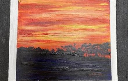 Painting of a sunset and the silhouette of trees.