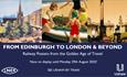 'From Edinburgh to London and Beyond' image showing  posters of Edinburgh and London and children enjoying a coastal location.