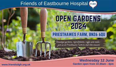 Promotional poster for Priesthawes Farm open gardens showing a garden fork and trowel standing upright in a bed of compost