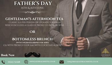 Promotional poster detailing Father's Day offerings of a Gentleman's Afternoon Tea and Bottomless Brunch