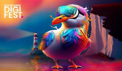 Eastbourne DigiFest seagull graphic with lighthouse and cliffs