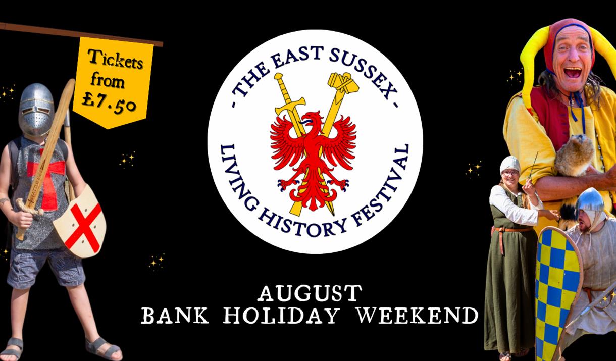 A poster for the East Sussex Living History Festival, featuring a jester, a child dressed as a knight, and a medieval soldier with a shield