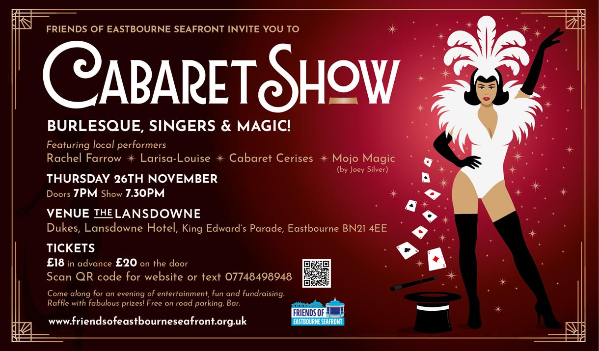 Flyer for a Cabaret Show showing an illustration of a burlesque dancers and a magicians hat with playing cards and stars