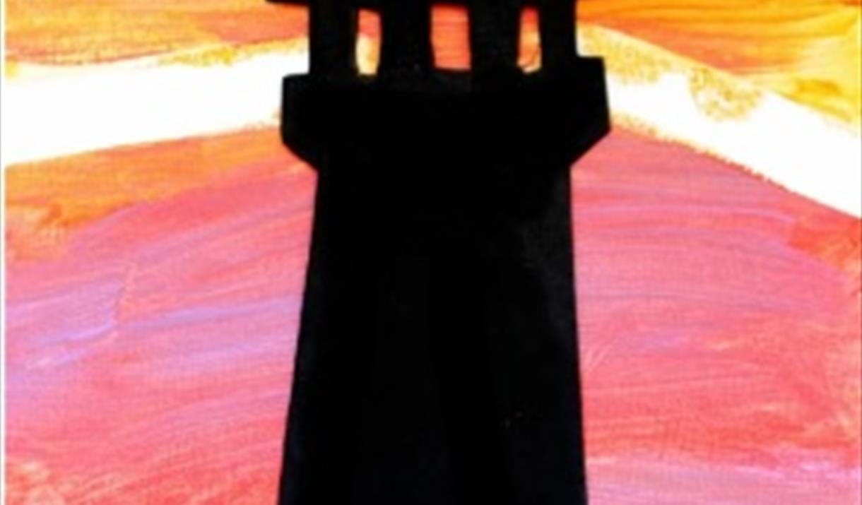 painting showing silhouette of Lighthouse with pink, red and orange background