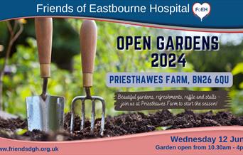 Promotional poster for Priesthawes Farm open gardens showing a garden fork and trowel standing upright in a bed of compost